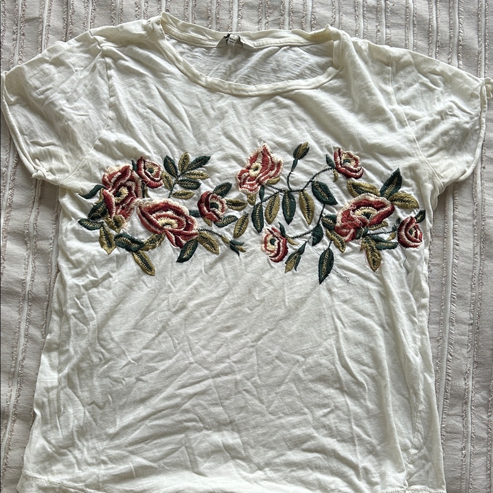 Lucky Brand Cream Floral Embroidered Tee
